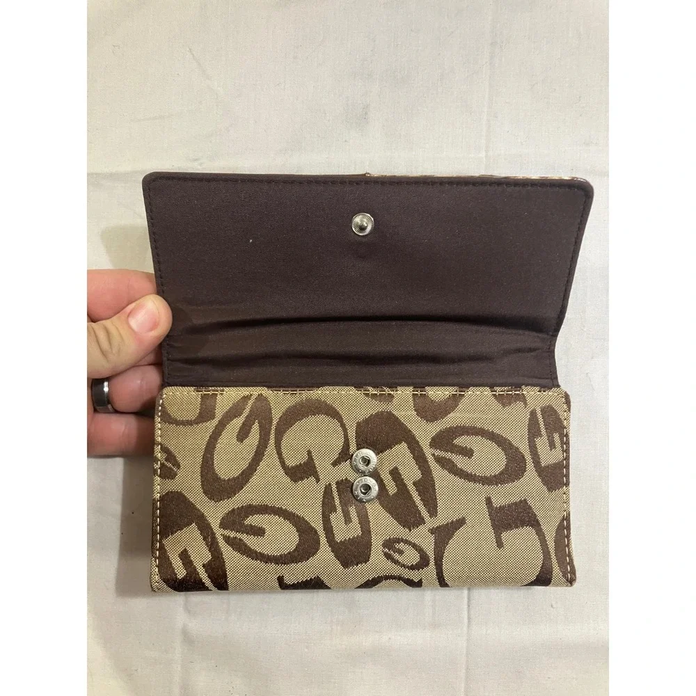 Guess Trifold Wallet Brown Monogram Canvas Snakeskin Gold Trim G‎ Logo Y2K Glam